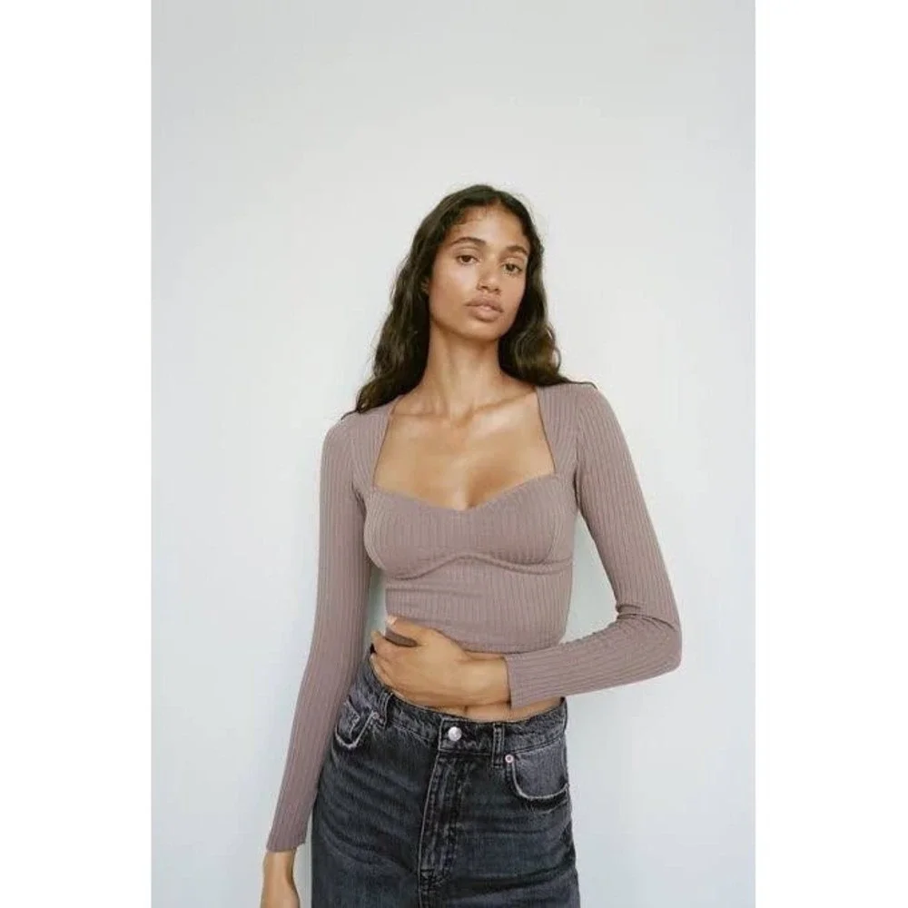 Zara Ribbed Knit Sweetheart Neck Long Sleeve Crop Top Mauve Small NWT